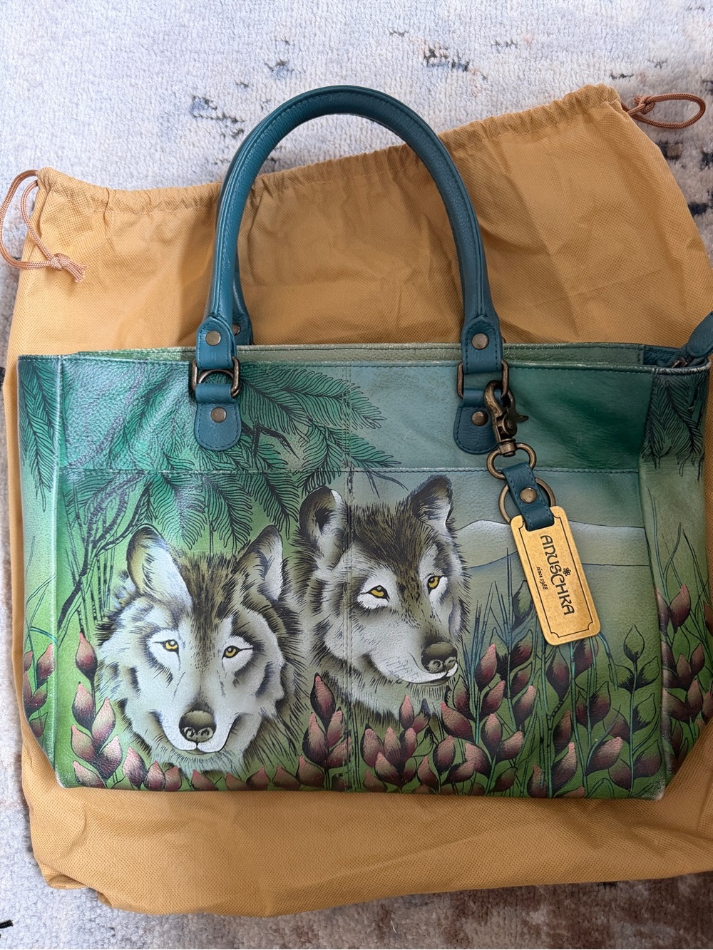 Anuschka Hand-Painted Teal and Green Wolf Tote